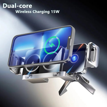 Support de téléphone de voiture pliable à double bobine universel, chargeur sans fil, charge rapide, support pour Samsung, iPhone, Xiaomi, accessoires automobiles