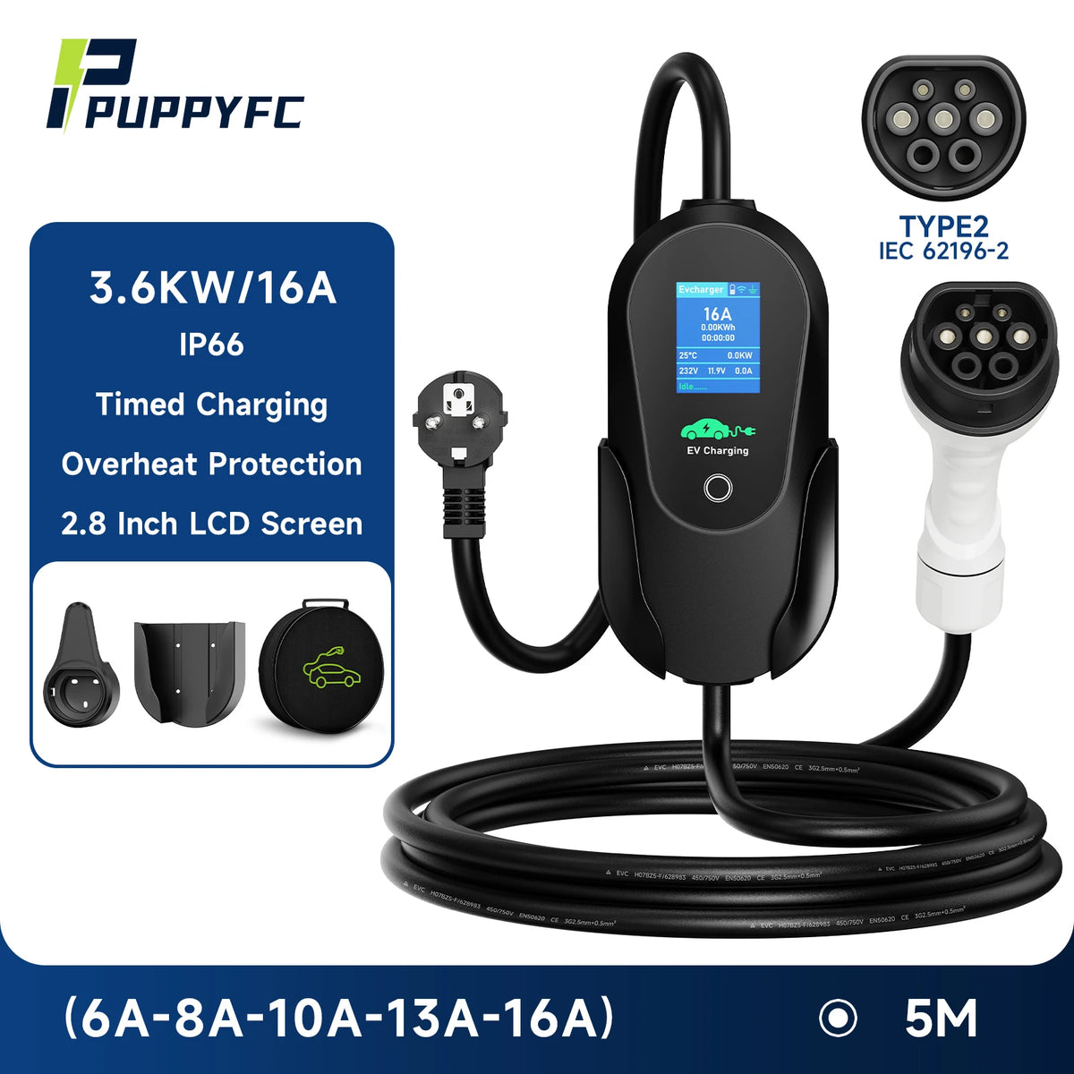 Puppyfc – chargeur EV Portable 3,6 kw/7 kw/11 kw, Type 2, charge rapide, prise CEE, câble Wallbox avec contrôle par application WiFi pour véhicule électrique