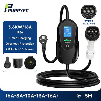 Puppyfc – chargeur EV Portable 3,6 kw/7 kw/11 kw, Type 2, charge rapide, prise CEE, câble Wallbox avec contrôle par application WiFi pour véhicule électrique