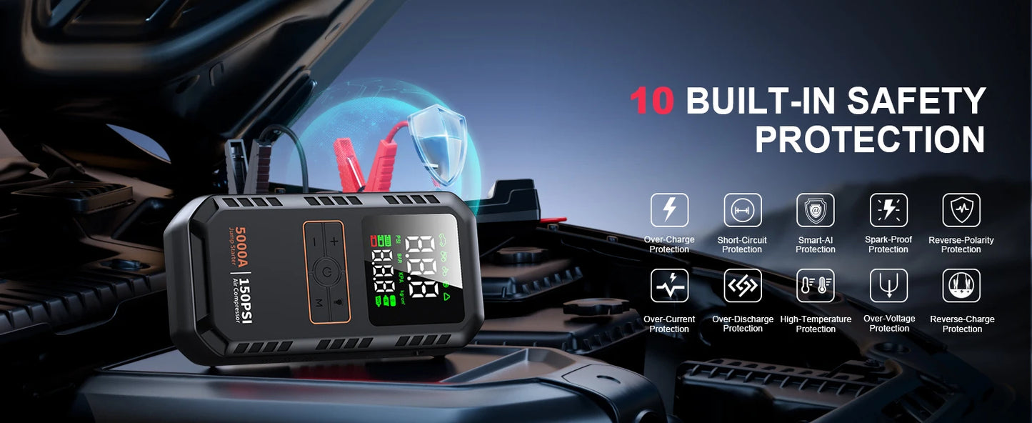 Démarreur de saut de voiture 4 en 1 avec compresseur d'air, Peak 5000A, Booster de batterie automatique, pompe à Air 150PSI, batterie externe Portable, gonfleur de pneus