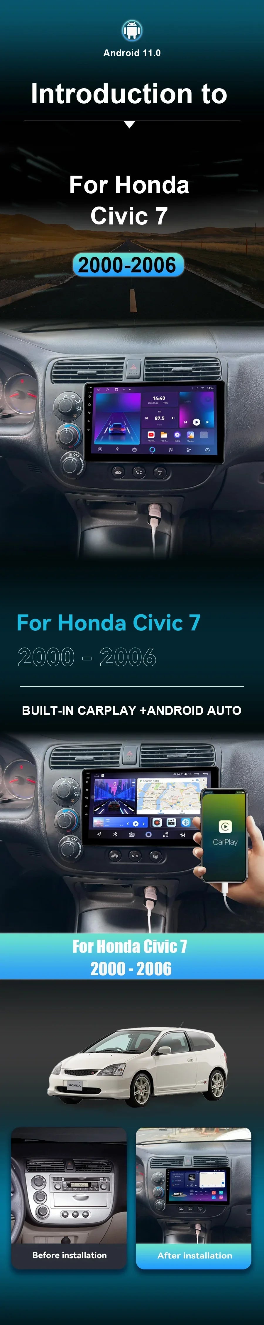MAMSM-Autoradio pour Honda Civic 7, LHD, RHD, 2000-2006, Android 13, Limitation, Lecteur vidéo, GPS, 4G, Carplay, Auto Stereo, Head Unit