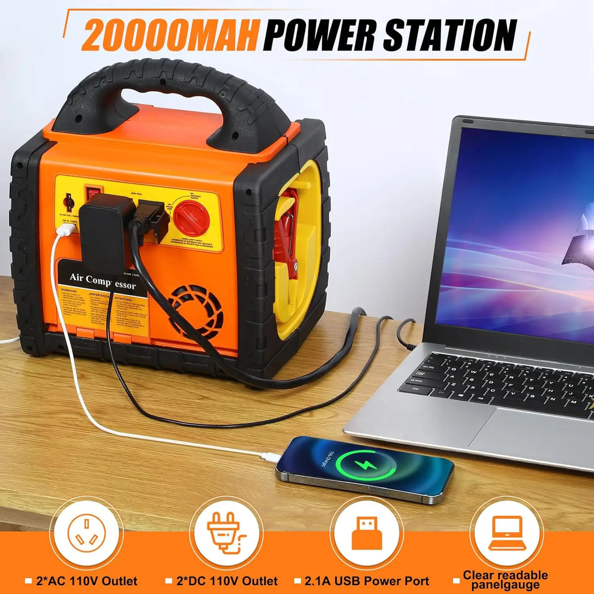 Démarreur portatif de saut de centrale électrique de 1800 ampères avec le gonfleur de pneu de 260 PSI/compresseur d'air 400W onduleur 2.1A Port USB