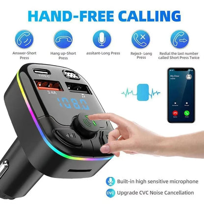 Chargeur de voiture transmetteur FM Bluetooth 5.0 PD type-c double USB lecteur ambiant mains libres chargeur MP3 type-c lumière sans fil