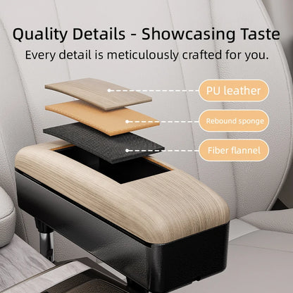 Accoudoir de siège auto - Boîte de rangement réglable pour voiture, en cuir PU motif bois, avec plaque de fixation ABS et piliers de support métalliques