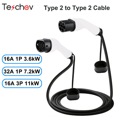 Câble de Chargement pour Voiture Électrique 16A/ 32A EV, 1 Phase/ 3 Phases, EVSE, Type 2, Femelle vers Mâle, Prise IEC 62196, 3m
