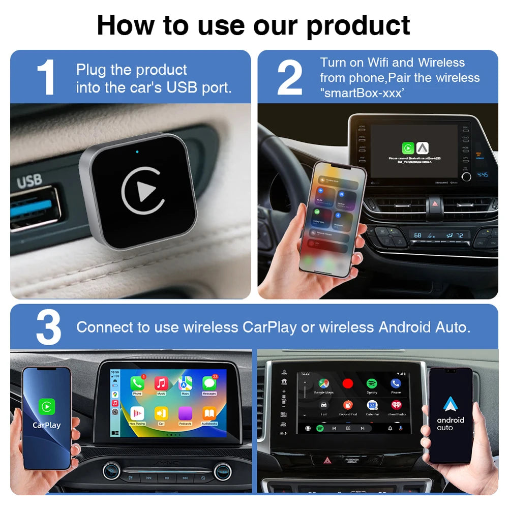 Adaptateur CarPlay Android Auto sans fil 2 en 1, boîtier Carplay AI, connexion automatique, adaptateur CarPlay sans fil pour voitures CarPlay filaires en usine