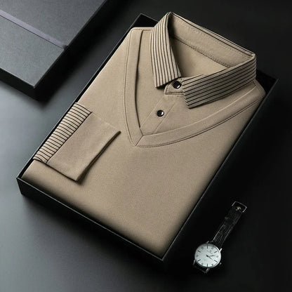 Polo à manches longues pour hommes, décontracté et à la mode, couleur unie, faux deux pièces, Business, toutes saisons, haut polyvalent, nouvelle collection 2025