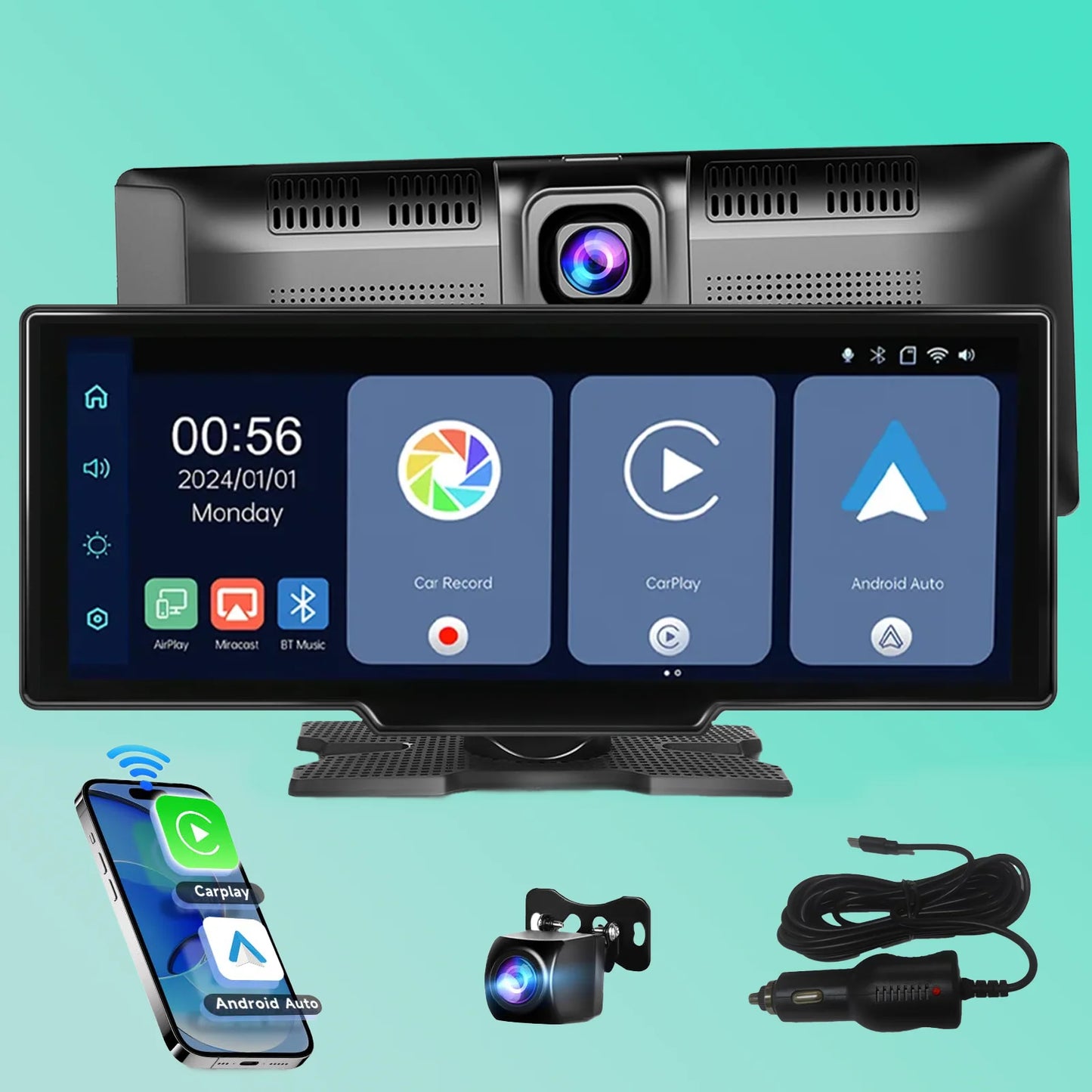 Caméra embarquée 10,26 pouces 2K, écran sans fil CarPlay et Android Auto, caméra de recul BYLITU, double objectif, DVR, WiFi, GPS, navigation, enregistreur vidéo