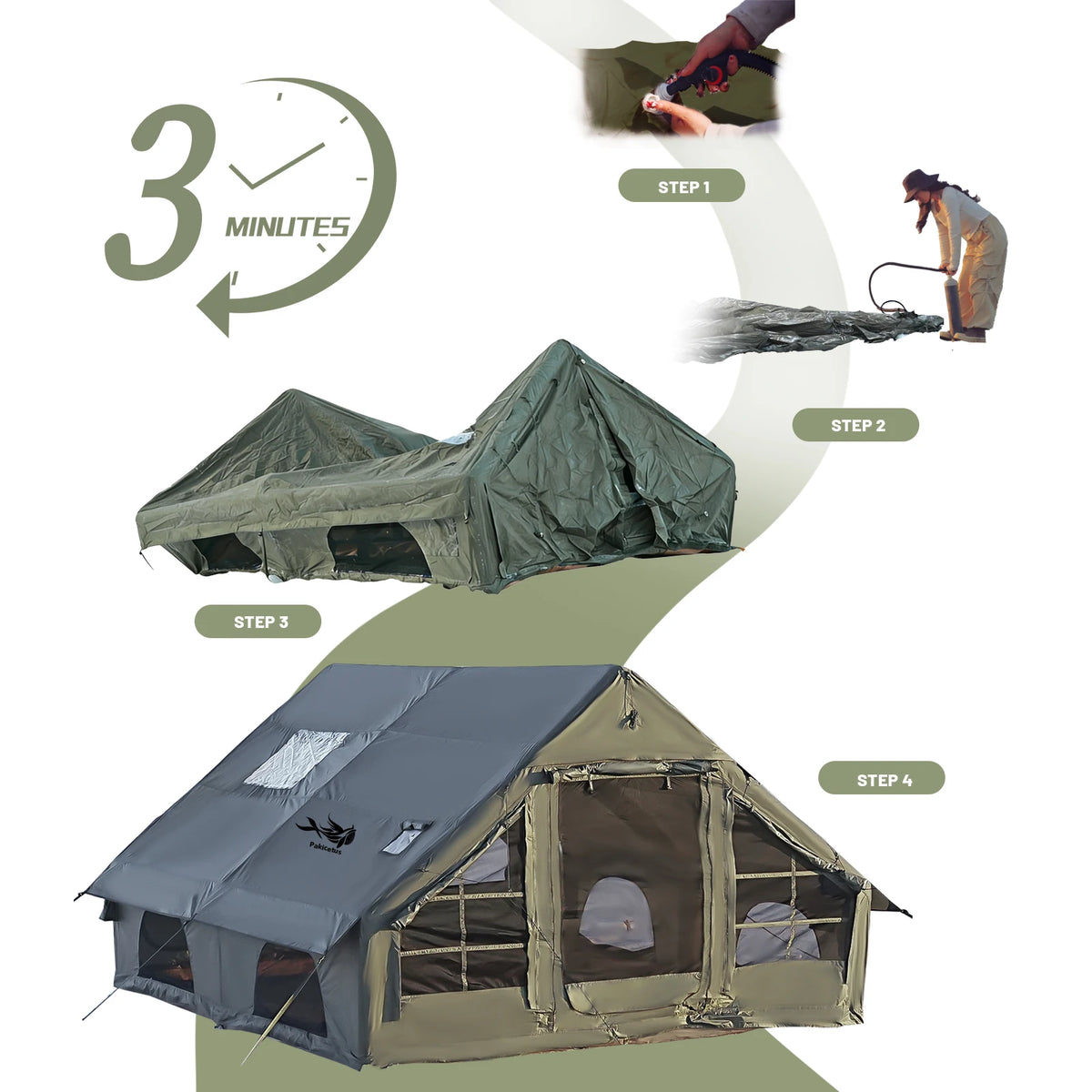 Tente de camping gonflable PAKICETUS pour 4 à 8 personnes avec fenêtres, tente de camping portable résistante à l'eau