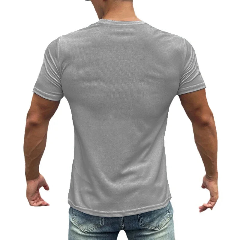 T-shirt en maille à manches courtes pour hommes, séchage rapide, uni, respirant, course à pied, gym, fitness, vêtements de sport, entraînement en Y, été