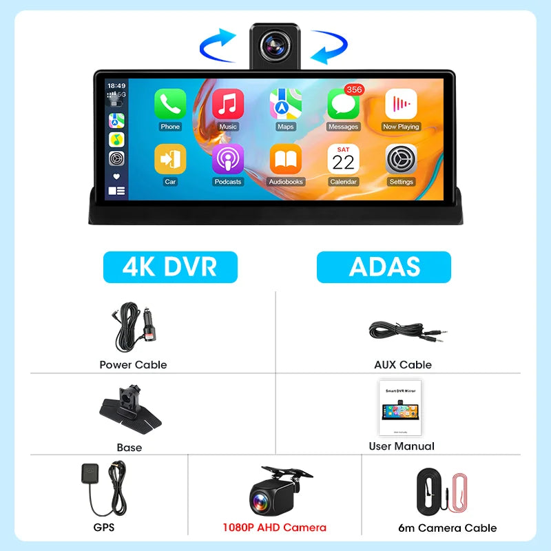 10.26 ''4K ADAS Dashcam voiture DVR Android Auto Carplay écran automobile système Intelligent enregistreur vidéo moniteur caméra de recul