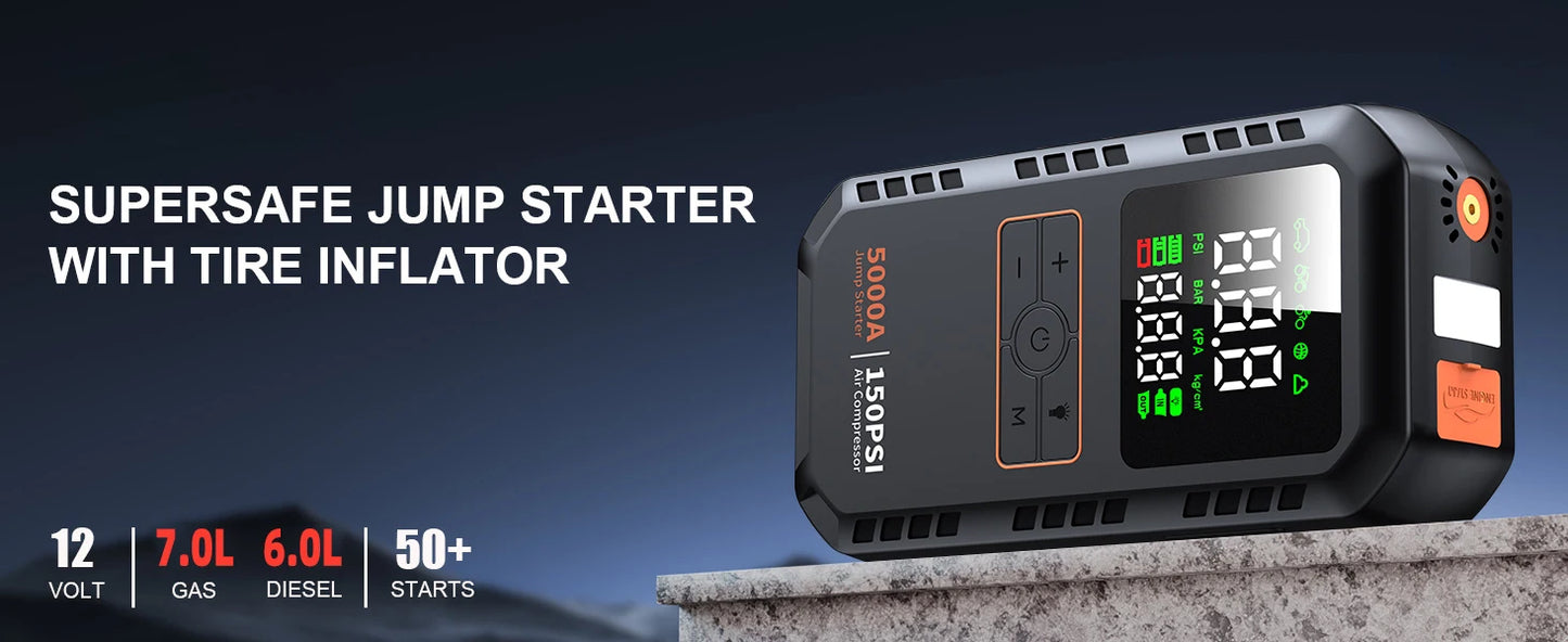 Démarreur de saut de voiture 4 en 1 avec compresseur d'air, Peak 5000A, Booster de batterie automatique, pompe à Air 150PSI, batterie externe Portable, gonfleur de pneus