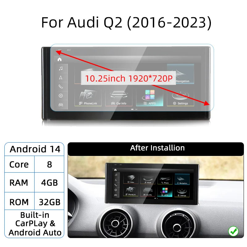 Android 14 Auto Radio CarPlay pour Audi A1 Q2 2010-2023 GPS voiture lecteur multimédia Navi stéréo DSP WIFI SIM BT IPS écran tactile