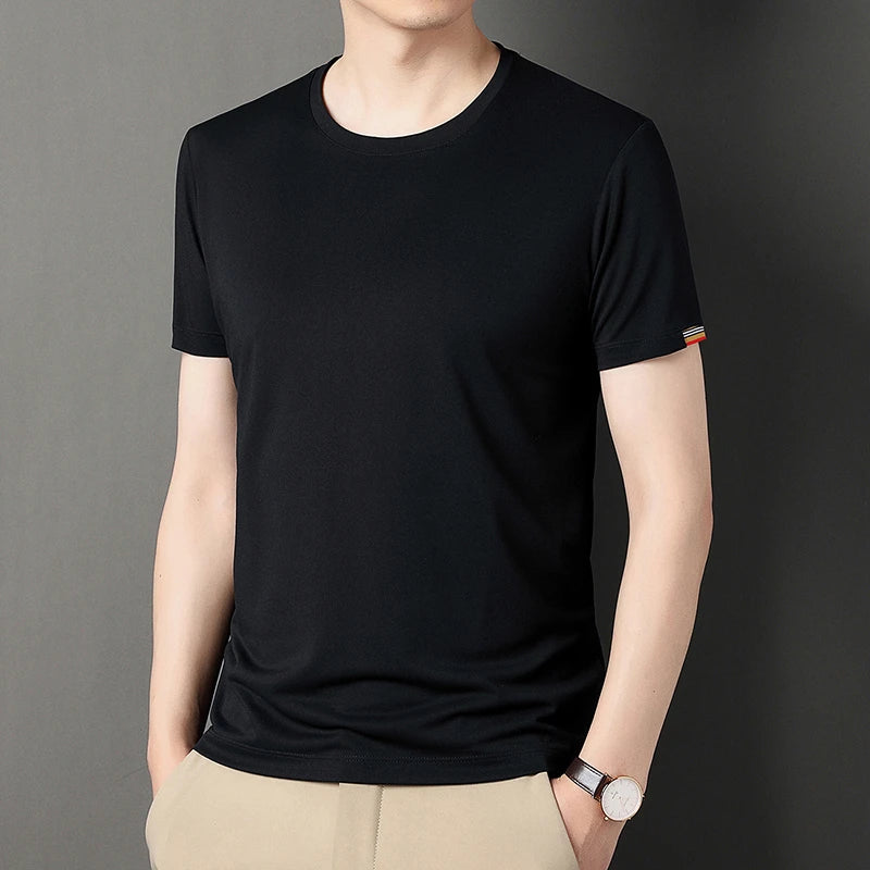 T-shirt à Manches Courtes pour Homme, Col Rond, Solide, avec Poignets Brodés, à la Mode, Confortable, Respirant et artificiel astique