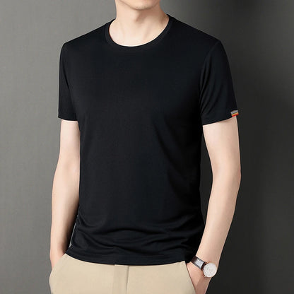 T-shirt à Manches Courtes pour Homme, Col Rond, Solide, avec Poignets Brodés, à la Mode, Confortable, Respirant et artificiel astique
