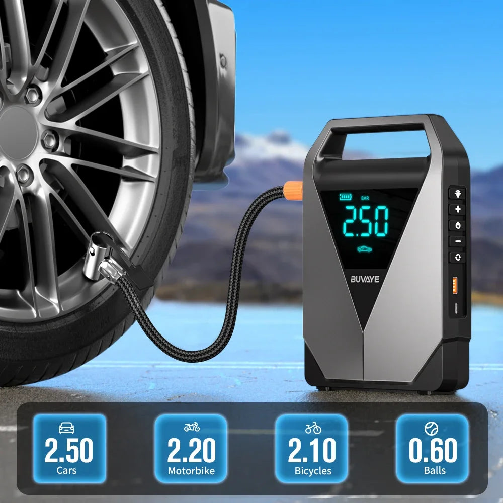 BUVAYE-Démarreur de compresseur d'air pour diabétique avec batterie externe, booster de batterie 2500A, démarreur de moteur 12V, pompe électrique 150PSI, gonfleur d'opathie