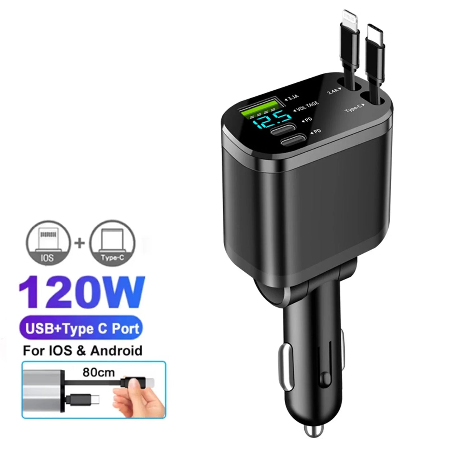 Chargeur de voiture rétractable 120W 4/5 en 1, câble USB C pour IPhone Huawei Samsung, cordon de Charge rapide, adaptateur allume-cigare PD QC3.0