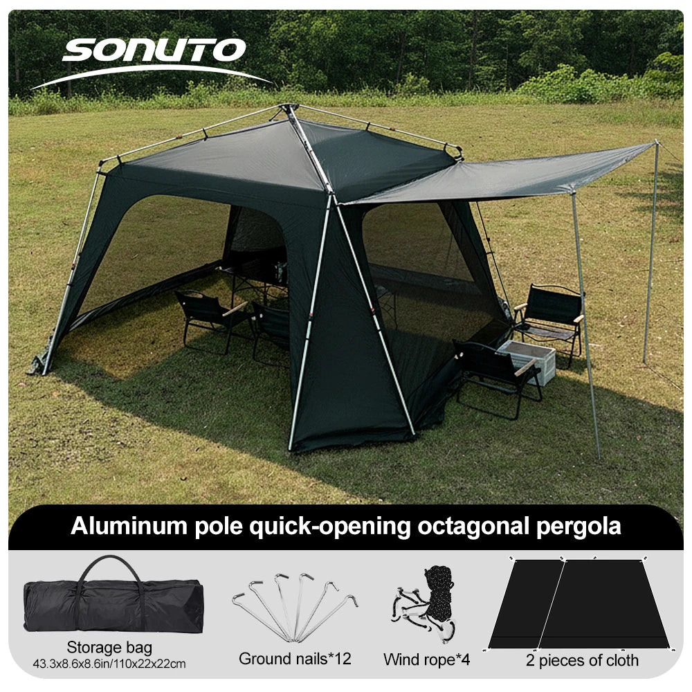 Tente de camping instantanée octogonale Sonuto, grande tente familiale avec structure en aluminium, résistante au vent et à l'eau, abri solaire pour la plage