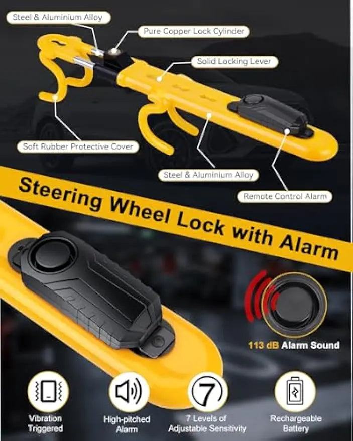 Verrouillage de volant robuste avec alarme 113dB, dispositif antivol réglable pour voitures, camions, fournes, SUV