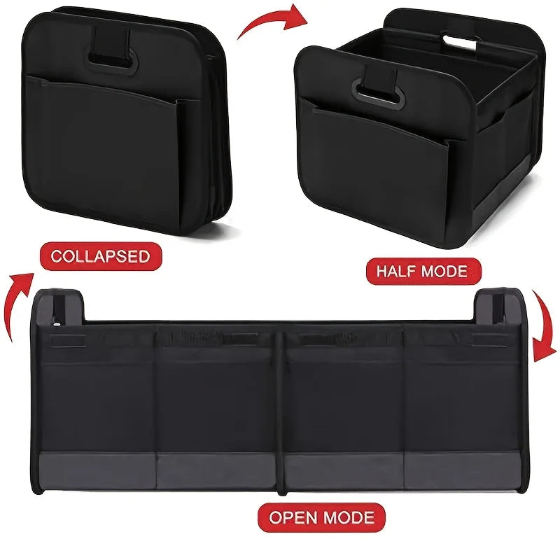 Organisateur de coffre de voiture pliable Oxford 600D avec poignées renforcées et multi-compartiments. Convient à toutes les voitures, SUV, fourgonnettes.