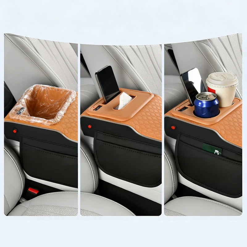 Boîte de rangement multifonctionnelle 10-en-1 pour accoudoir de voiture, avec coussin rehausseur sportif supérieur, port de charge USB et lampe d'ambiance étoilée