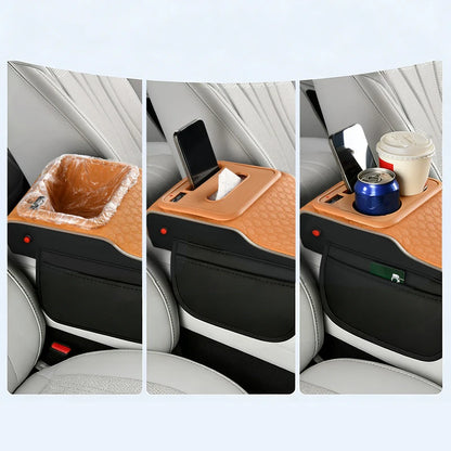 Boîte de rangement multifonctionnelle 10-en-1 pour accoudoir de voiture, avec coussin rehausseur sportif supérieur, port de charge USB et lampe d'ambiance étoilée