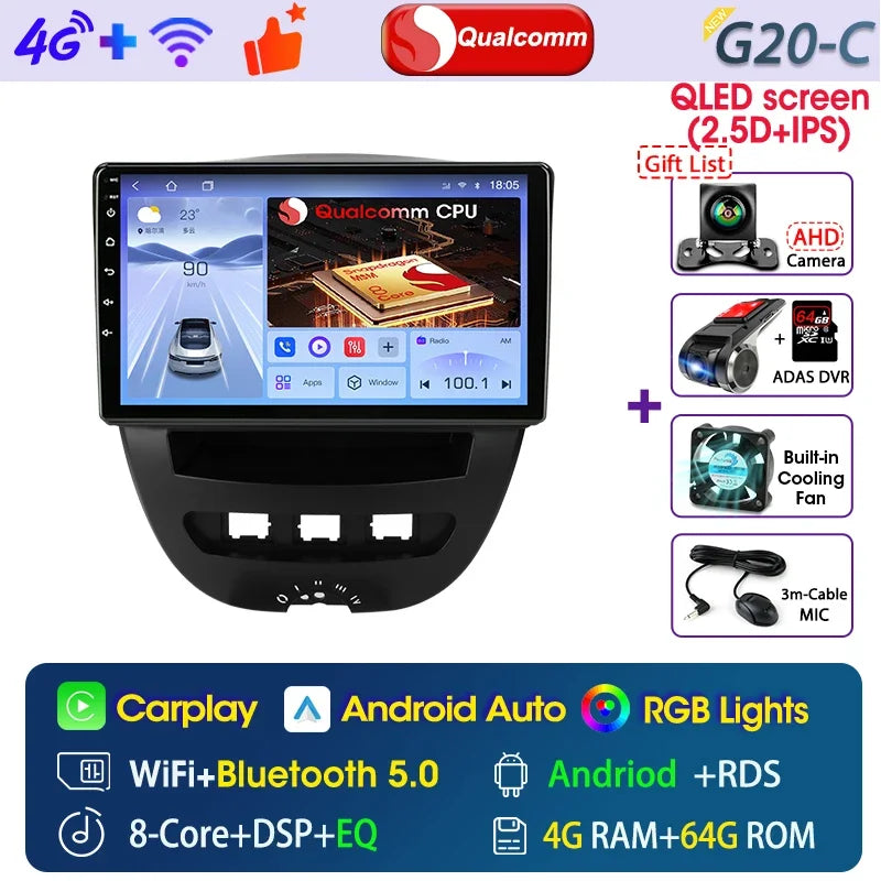 Srnubi Qualcomm 8 Core autoradio pour Peugeot 107 Toyota Aygo citroën C1 2005 - 2014 2 Din lecteur multimédia Android Carplay