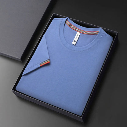 T-shirt à Manches Courtes pour Homme, Col Rond, Solide, avec Poignets Brodés, à la Mode, Confortable, Respirant et artificiel astique