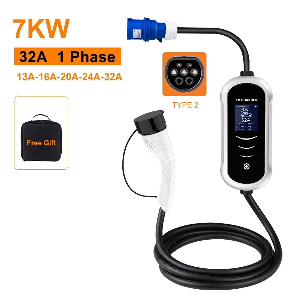 IPENGEN Portable EV chargeur Wallbox Type2 câble 32A 7KW prise CEE EVSE Type1 boîte de charge j1772 adaptateur pour voiture de véhicule électrique