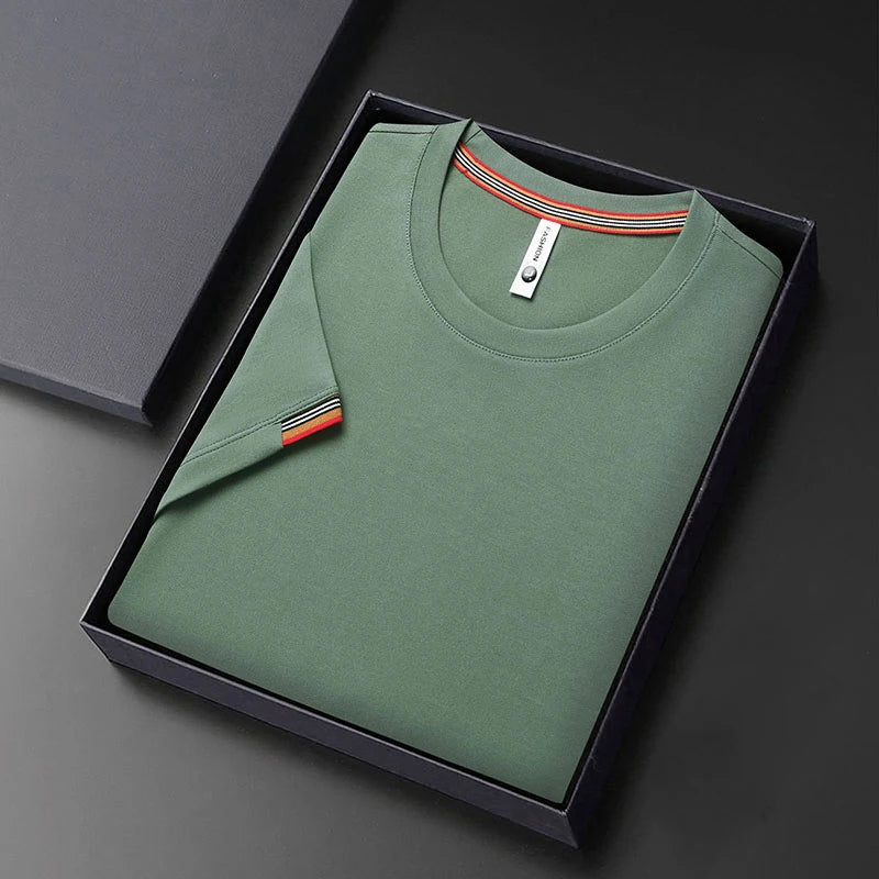 T-shirt à Manches Courtes pour Homme, Col Rond, Solide, avec Poignets Brodés, à la Mode, Confortable, Respirant et artificiel astique