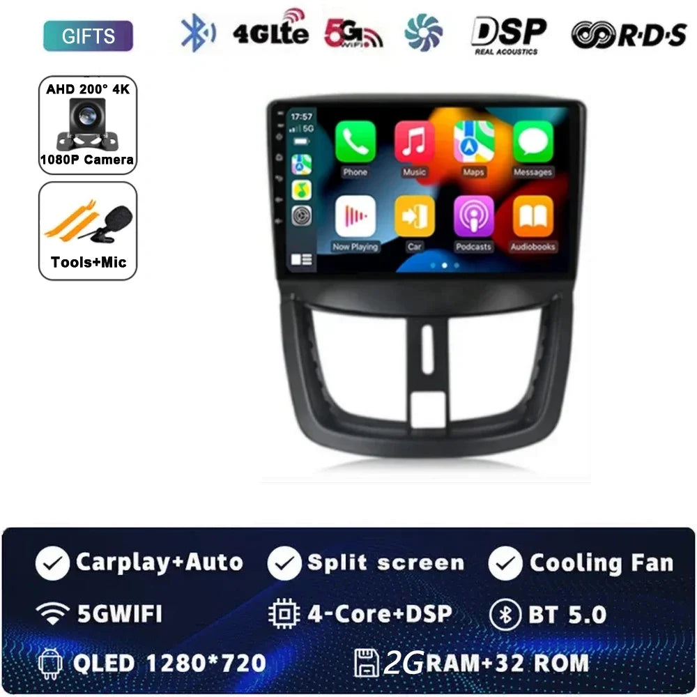 Autoradio Android 15 pour Peugeot 207 CC 207CC 2006 - 2015 sans fil Carplay Android Auto stéréo lecteur multimédia WiFi 4G 2 Din