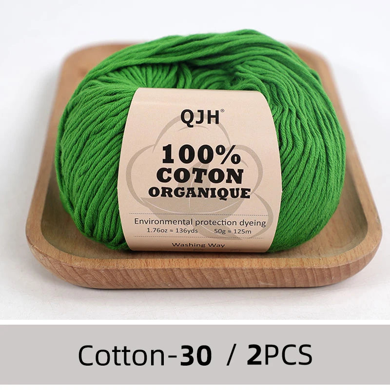 QJH Fil 100% coton biologique, fil pour tricoter, crochet et artisanat, paquet de 2 - 1,76 oz/136 mètres/1 pièce, léger, Dk