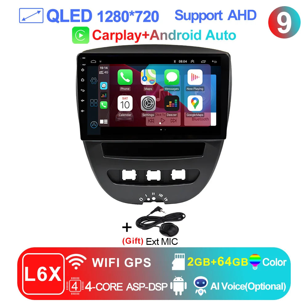 LEHX-Autoradio L6 Pro, Android 14, 2 Din, Stéréo, CarPlay, Limitation de Courant, GPS, pour Voiture KIT 107, Toyota Aygo, Cristaux en C1 (2005-2014)