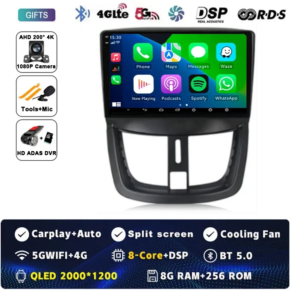 Autoradio Android 15 pour Peugeot 207 CC 207CC 2006 - 2015 sans fil Carplay Android Auto stéréo lecteur multimédia WiFi 4G 2 Din
