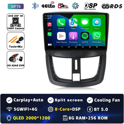 Autoradio Android 15 pour Peugeot 207 CC 207CC 2006 - 2015 sans fil Carplay Android Auto stéréo lecteur multimédia WiFi 4G 2 Din