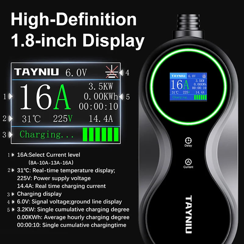 TAYNIU chargeur de véhicule électrique 16A 3.5KW 3.5M câble de charge portable de type 2 EU plug chargeur EV pour MG, ID 4, BYD et tous les EVs
