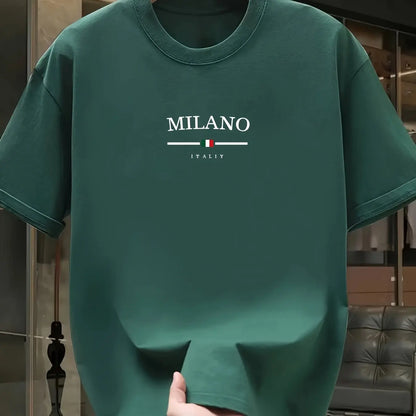 T-shirt à manches courtes et col rond pour hommes, 100% pur coton, à la mode, décontracté, ample, style italien, lettre Milan imprimée