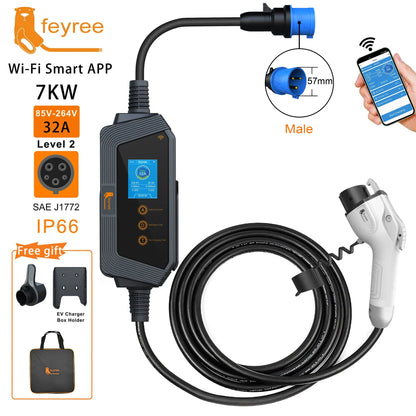 Fey123-Chargeur EV Portable pour Véhicule Électrique, Prise J1772 avec Câble de 5m, Version de Contrôle Intelligente, Wifi, 7KW, 32A, 1Phase