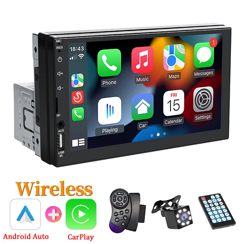 Hippcron 7 "1Din autoradio sans fil CarPlay Android Auto Bluetooth AUX USB universel multimédia lecteur MP5 lien miroir Autoradio