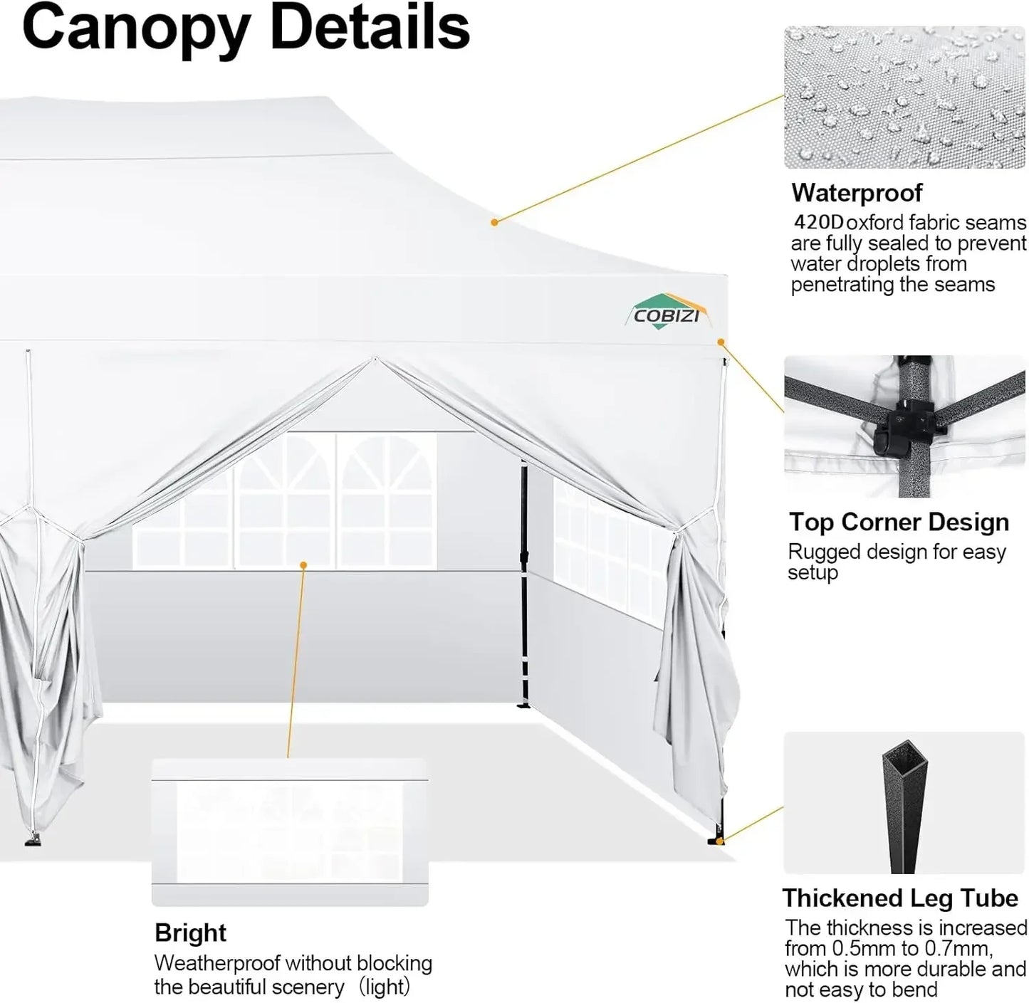 Tente Pop-Up 10x20 pieds avec 6 parois latérales, sac de transport, roulettes, blanche, imperméable, robuste, pour événements commerciaux, fêtes en extérieur, jardin, gazebo