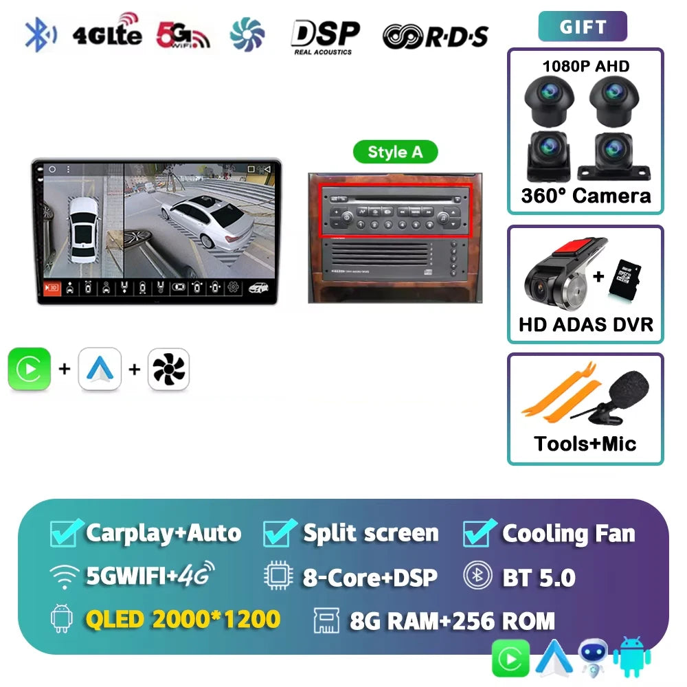 Autoradio Android 15 pour Peugeot 307 CC 307CC 307SW 2002 - 2013 sans fil Carplay Android Auto stéréo lecteur multimédia 4G 2 Din