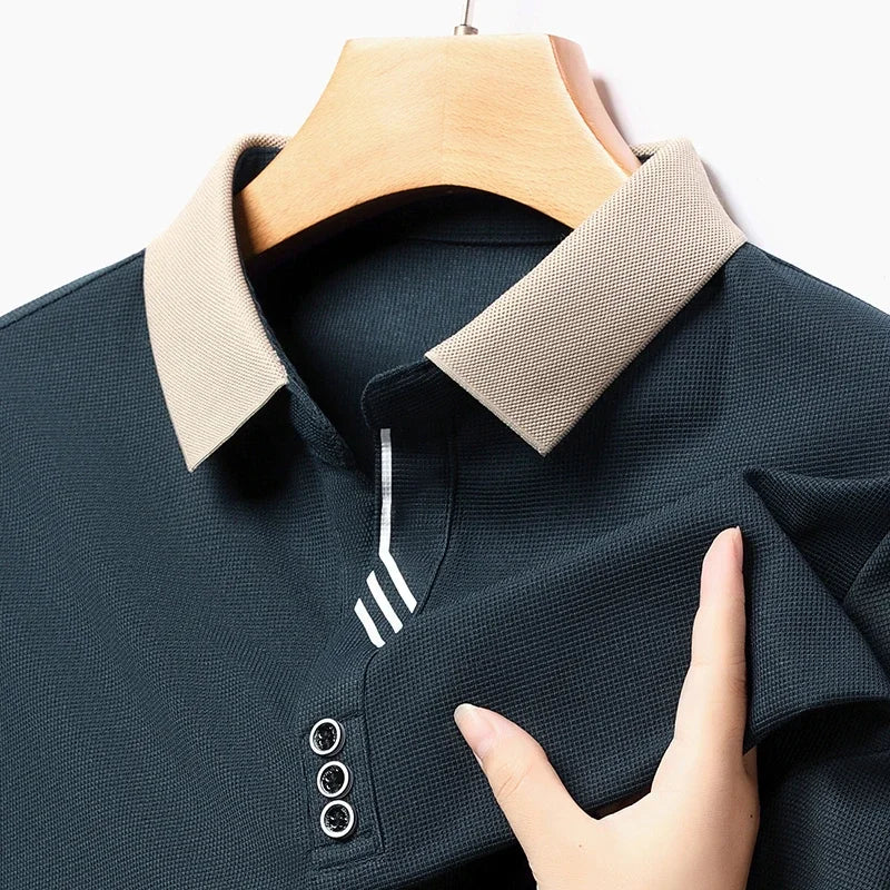 Polo à manches longues pour hommes, décontracté, couleur unie, à la mode, respirant, confortable, polyvalent, nouvelle collection