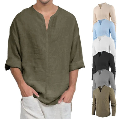 T-shirt à manches longues et col en v pour hommes, en coton et lin, décontracté, couleur unie, léger, respirant, confortable, à la mode