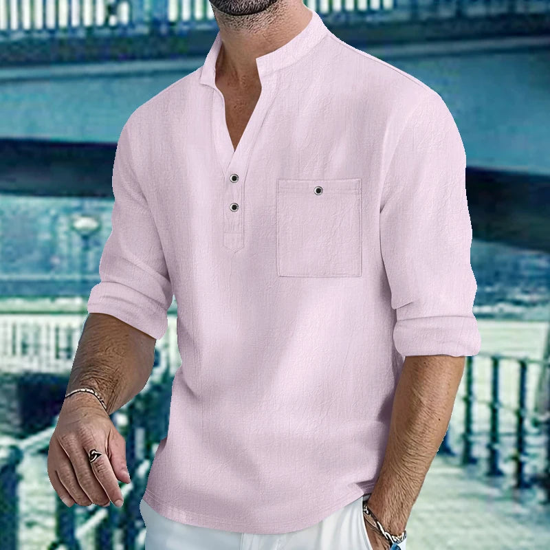 Chemises légères pour hommes, manches longues, en coton et lin, Henley, pour la plage, hawaïen, col en v, polo respirant