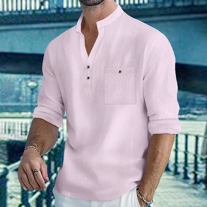 Chemises légères pour hommes, manches longues, en coton et lin, Henley, pour la plage, hawaïen, col en v, polo respirant