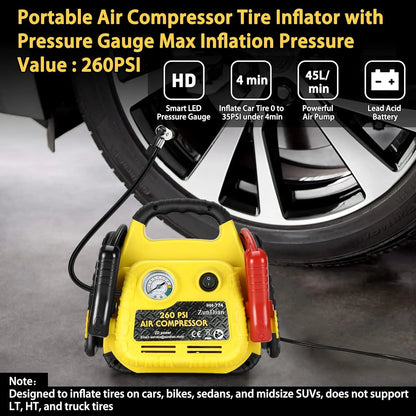 Démarreur de saut de voiture 12 V avec compresseur d'air, pic 700 A, centrale électrique portable pour moteurs 5,0 L, lumière LED