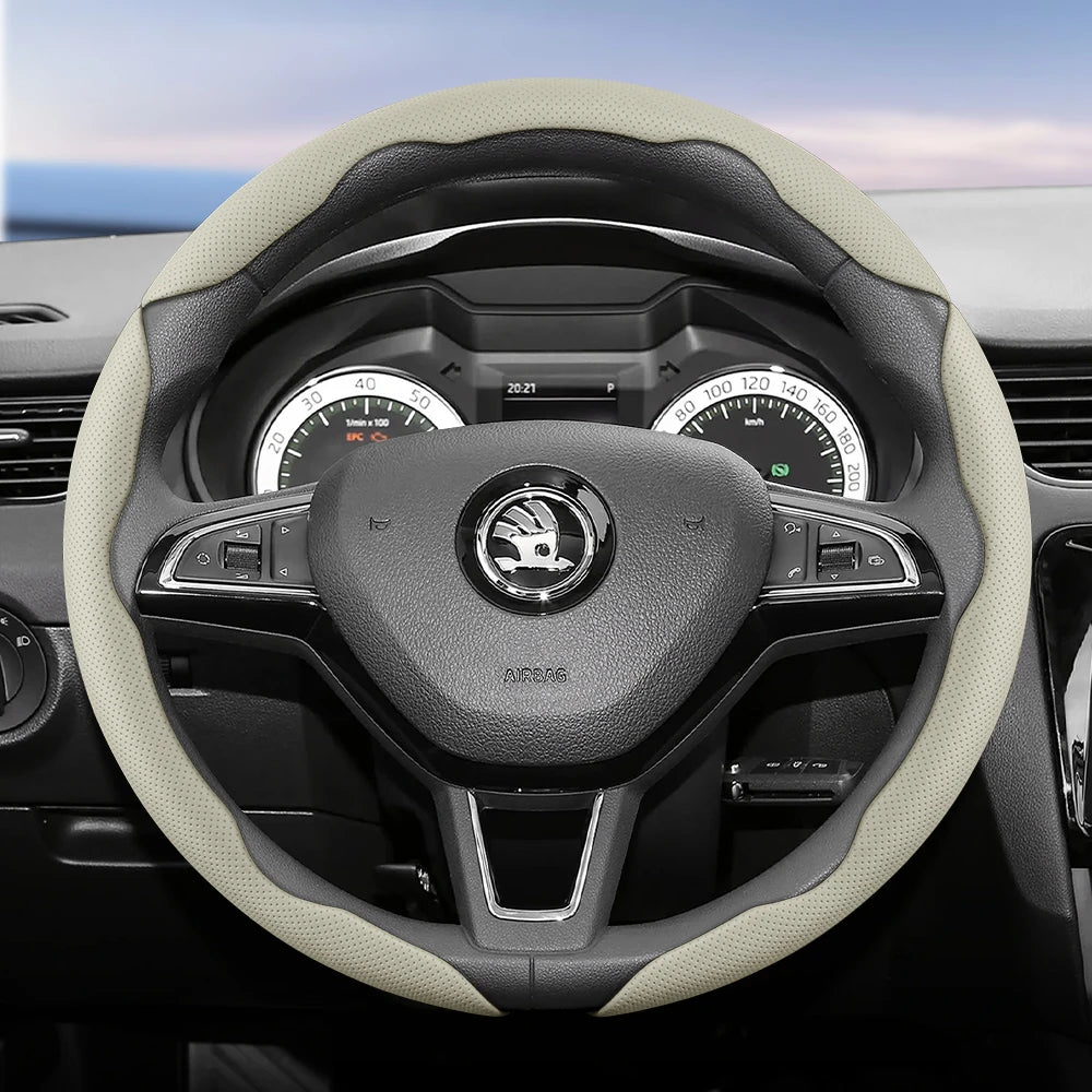 مناسب لـ Skoda غطاء عجلة قيادة من الجلد المسامي بتصميم مقطع سريع التحرير، مضاد للانزلاق ومتين، لسيارات Octavia Rapid Kodiaq Karoq Fabia Superb Kamiq Citigo Scala Combi Kylaq Kushag Slavia Black