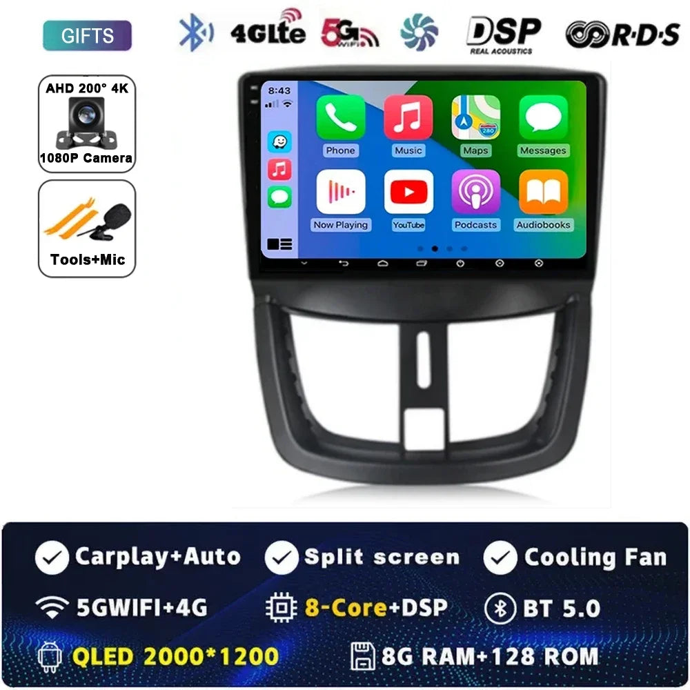 Autoradio Android 15 pour Peugeot 207 CC 207CC 2006 - 2015 sans fil Carplay Android Auto stéréo lecteur multimédia WiFi 4G 2 Din