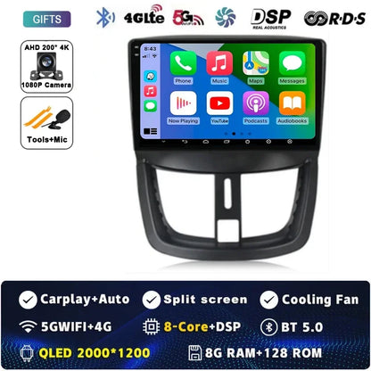 Autoradio Android 15 pour Peugeot 207 CC 207CC 2006 - 2015 sans fil Carplay Android Auto stéréo lecteur multimédia WiFi 4G 2 Din