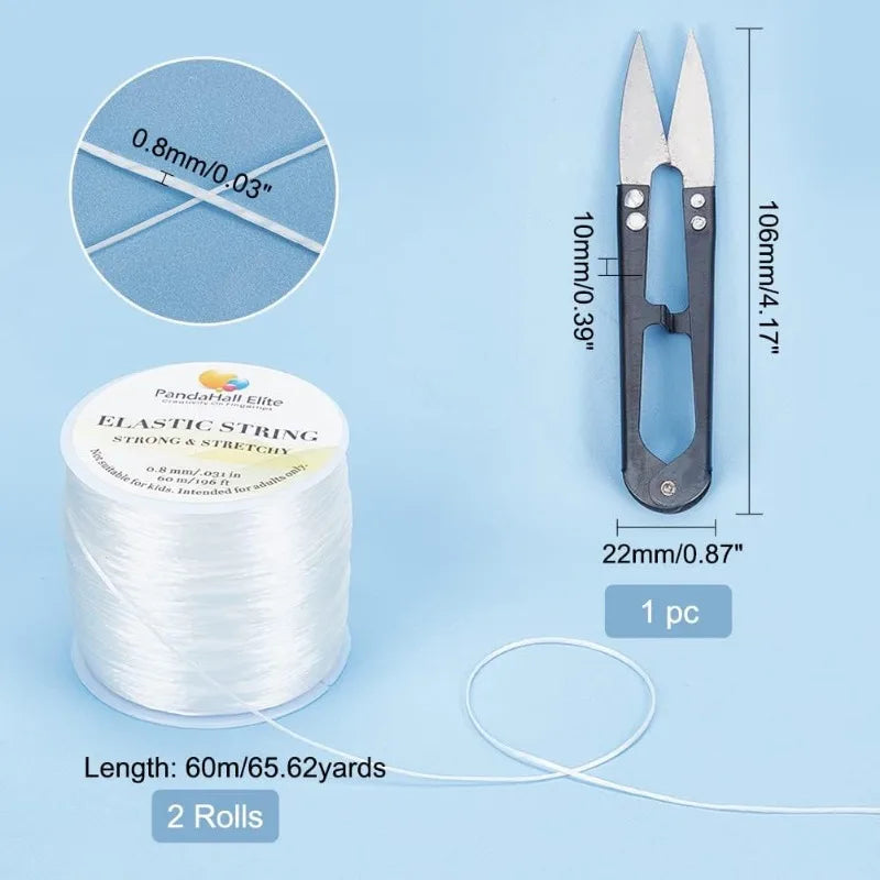 2 rouleaux de fils de Polyester élastiques transparents, cordon de perles, 60m par rouleau avec couture, cisailles de pêche, perles